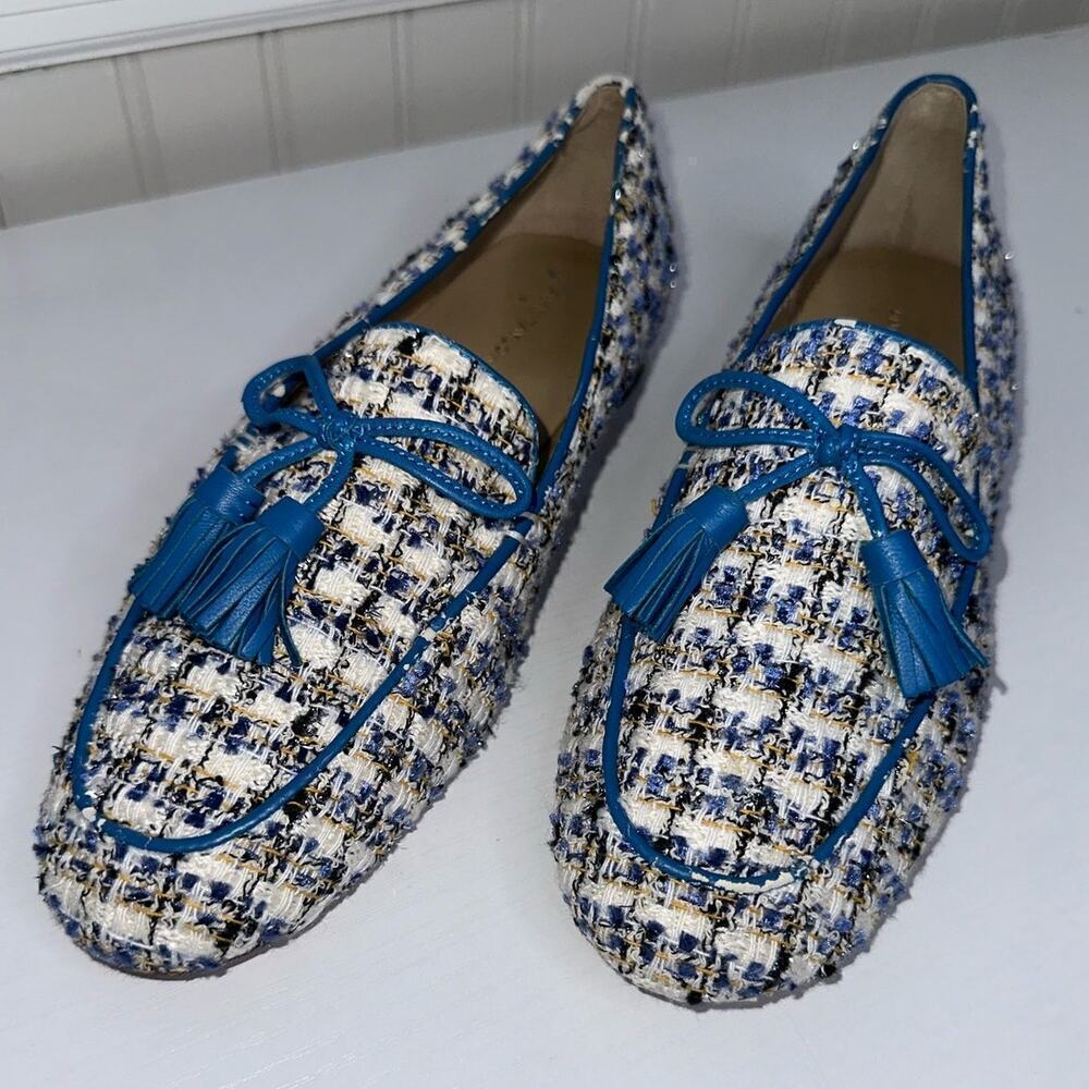 Ann Taylor Ursula Tweed Tassel Loafers Blue Size 7M Slip On Round Toe - Picture 3 of 8